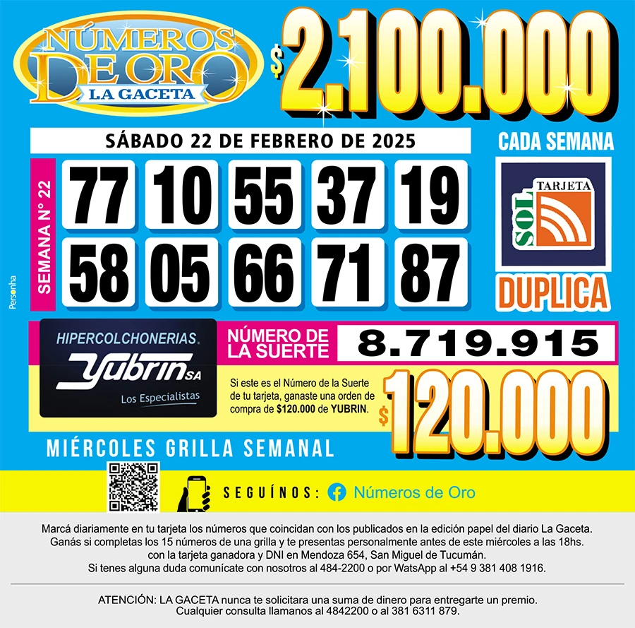 Los Números de Oro de LA GACETA del 22 de febrero de 2025