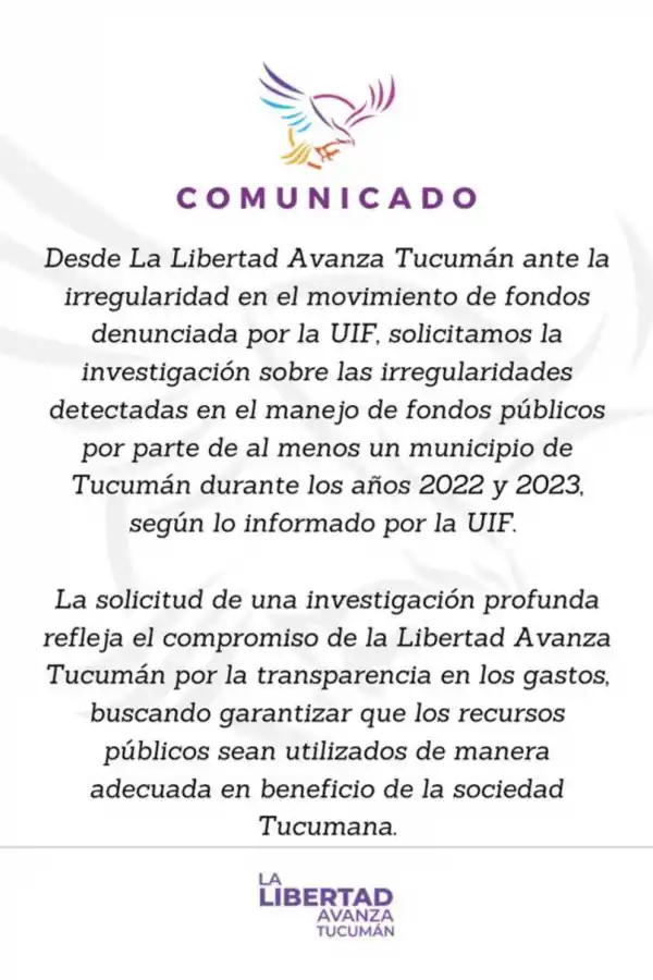Comunicado oficial de LLA Tucumán.