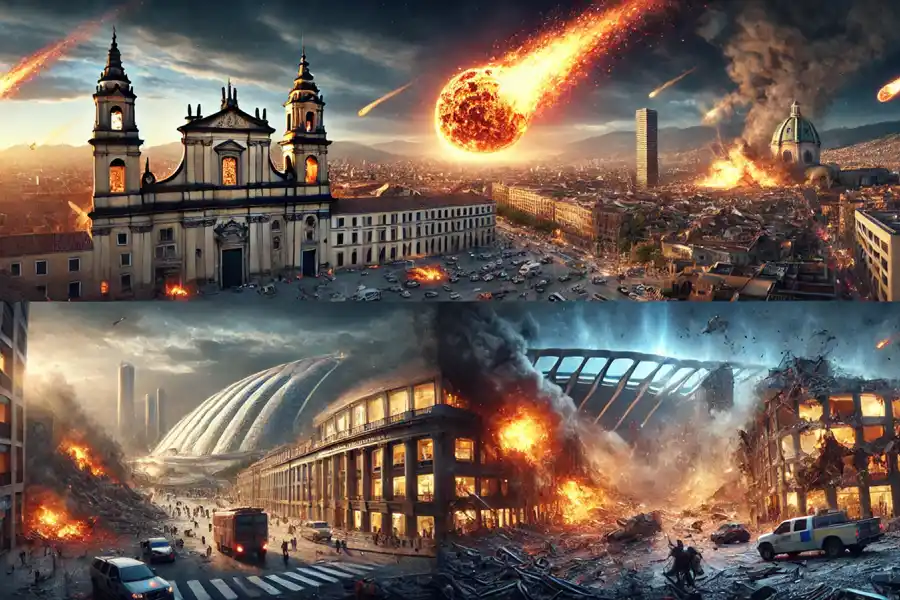 Edificios destruidos como consecuencia del impacto del asteroide 2024 YR4