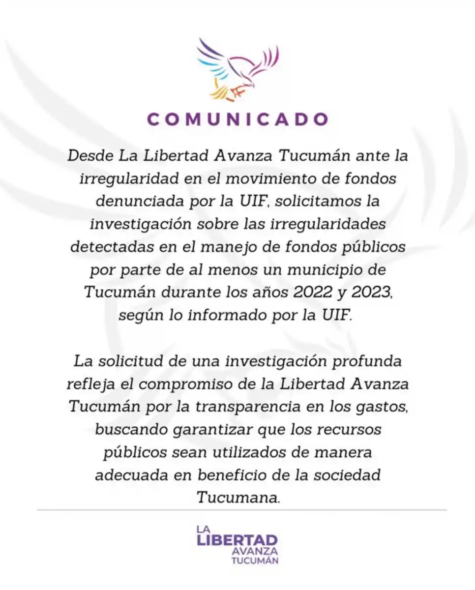 Comunicado oficial de LLA Tucumán.