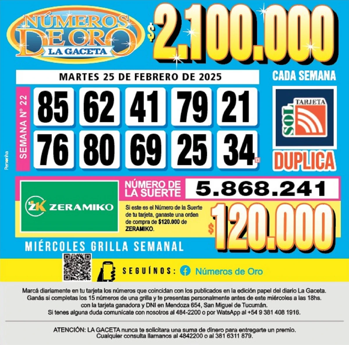 Los Números de Oro de LA GACETA del 25 de febrero de 2025