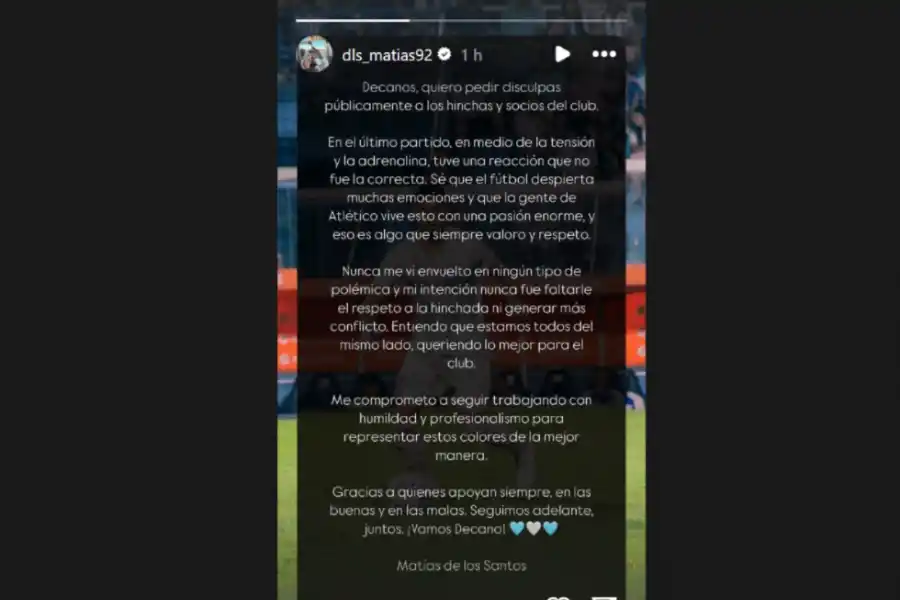 Luego de la polémica por su gesto a los hinchas de Atlético Tucumán, Matías de los Santos emitió un comunicado