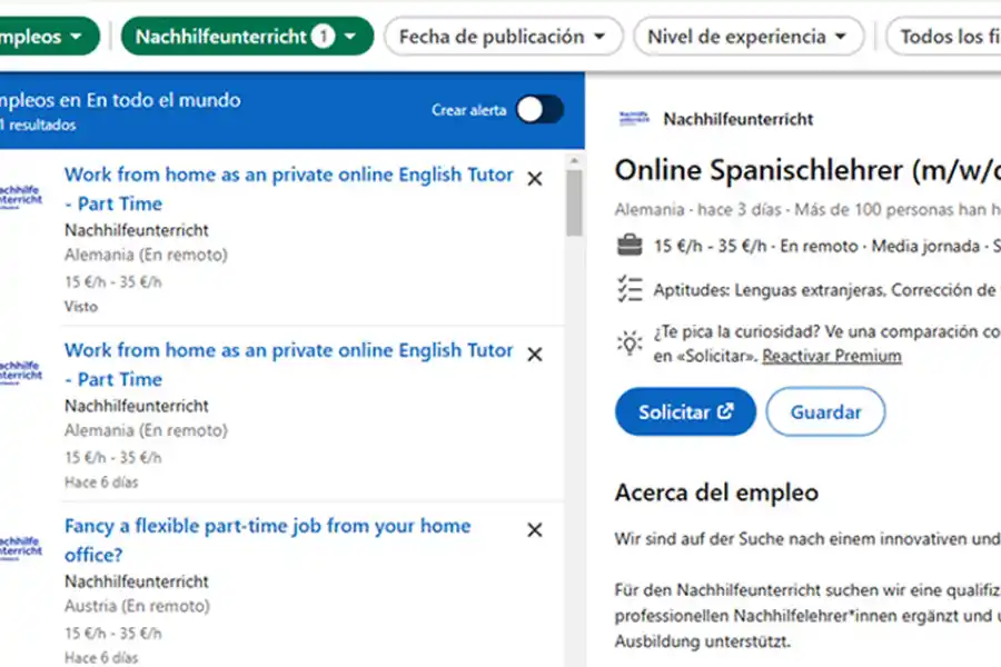 OFERTA EN LINKEDIN. Los interesados en esta vacante pueden encontrar todos los detalles y postularse a través de la página oficial de LinkedIn de Nachhilfeunterricht. / CAPTURA DE PANTALLA