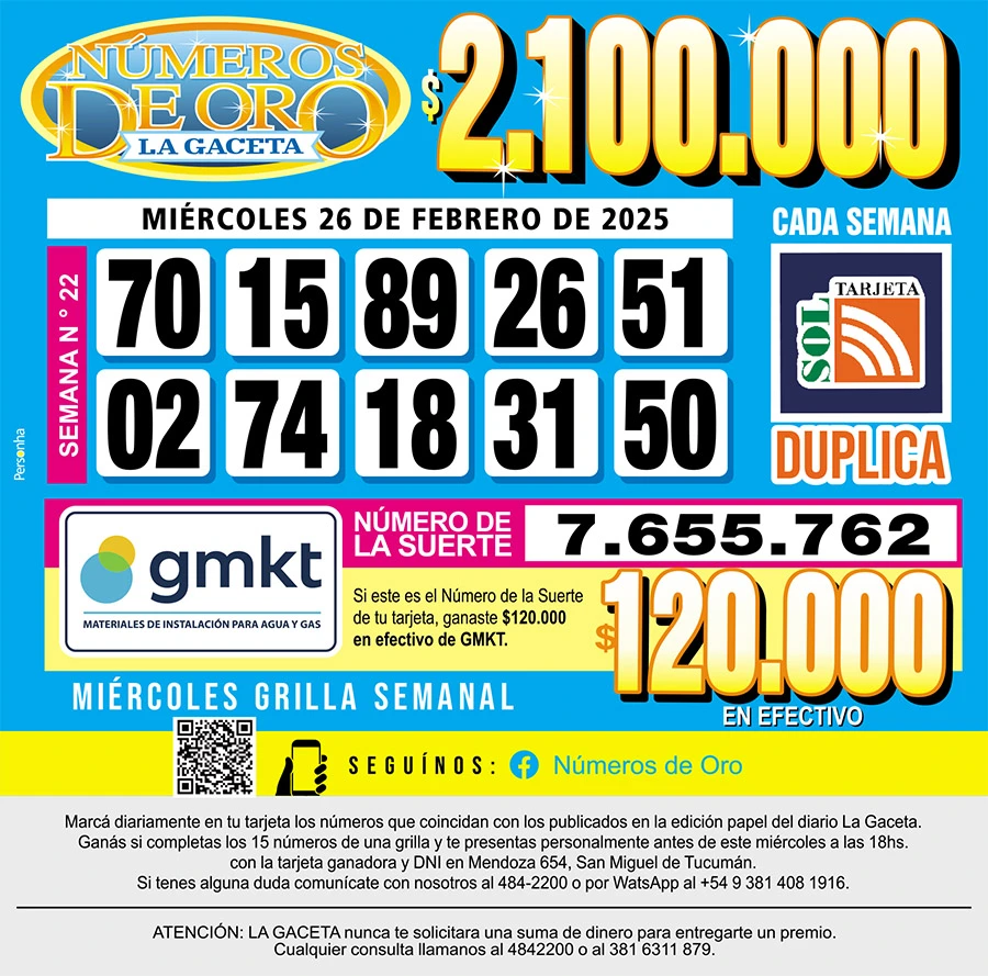 Los Números de Oro de LA GACETA del 26 de febrero de 2025