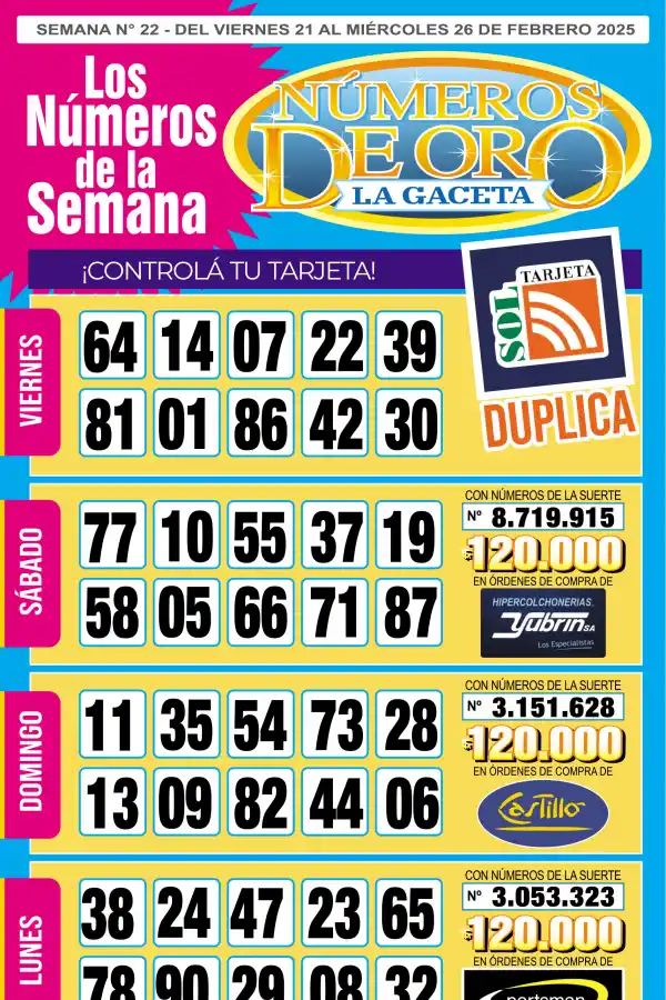 Esta es la grilla completa de los Números de Oro de LA GACETA del 26 de febrero de 2025