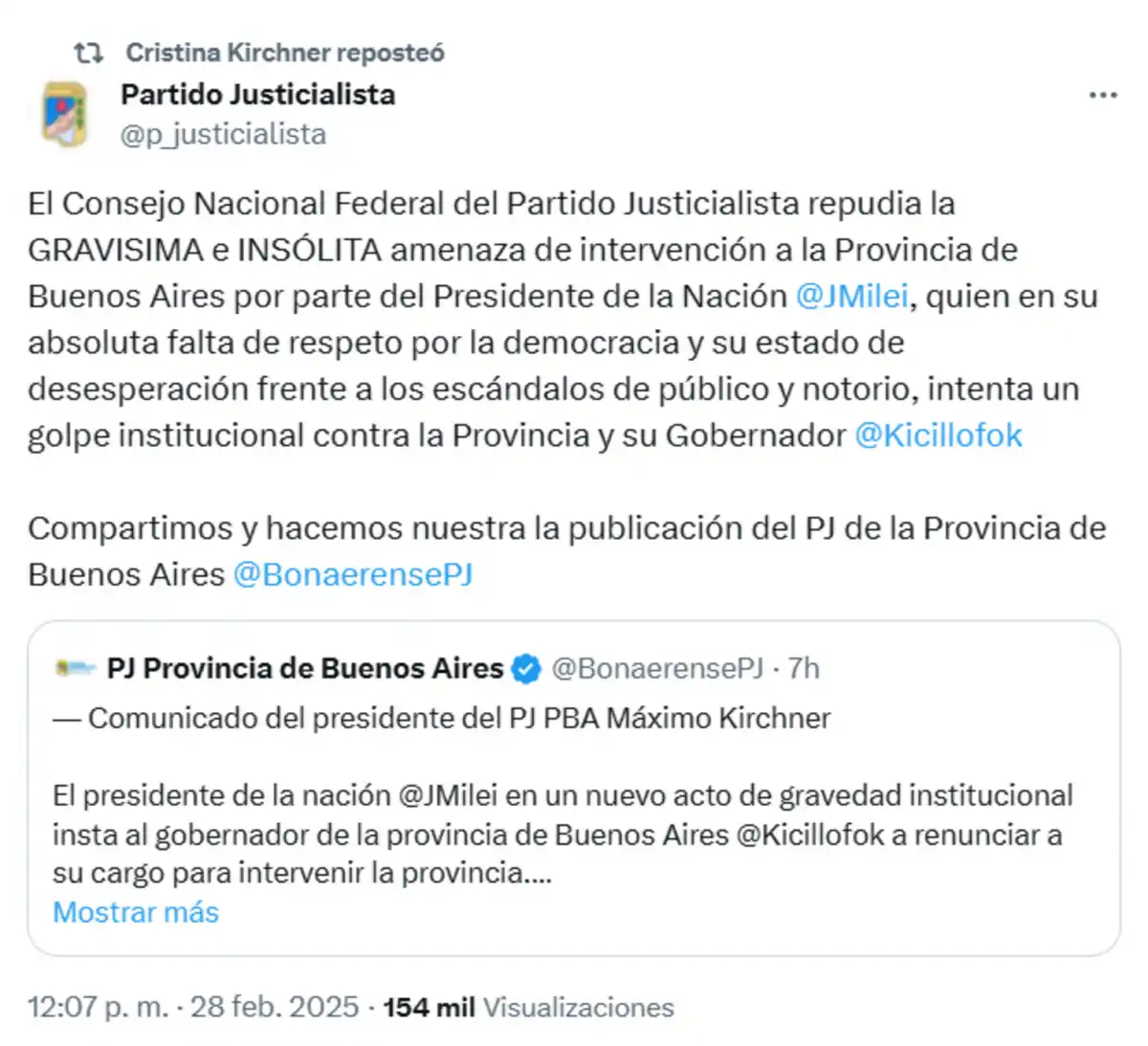 Cristina Kirchner respaldó a Axel Kicillof luego de que Milei pidiera su renuncia