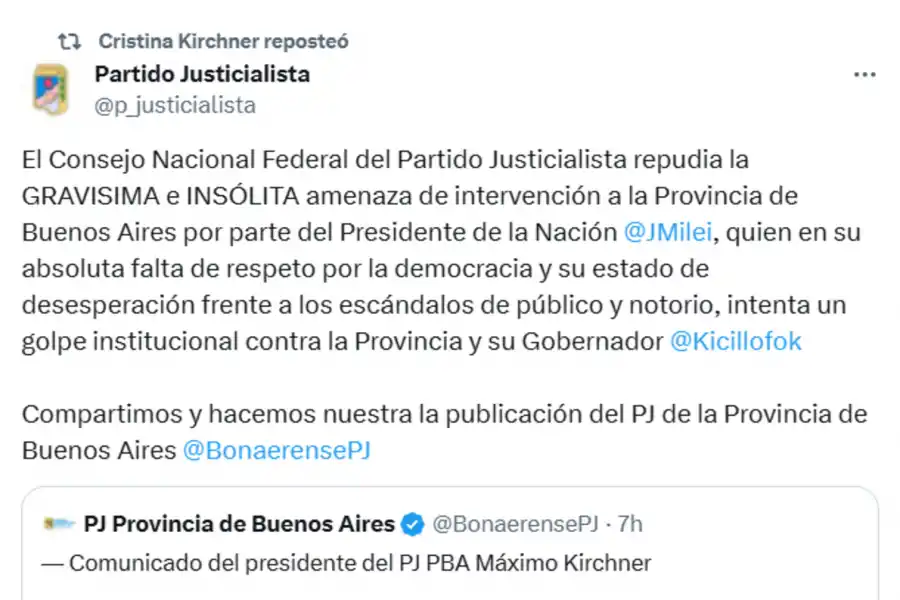 Cristina Kirchner respaldó a Axel Kicillof luego de que Milei pidiera su renuncia