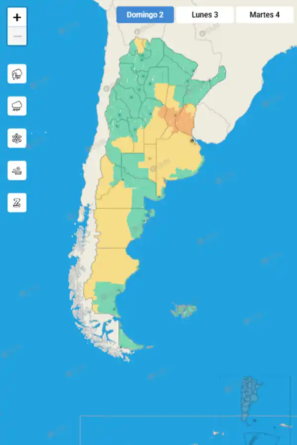 Mapa de alertas por tormentas del Servicio Meteorológico Nacional