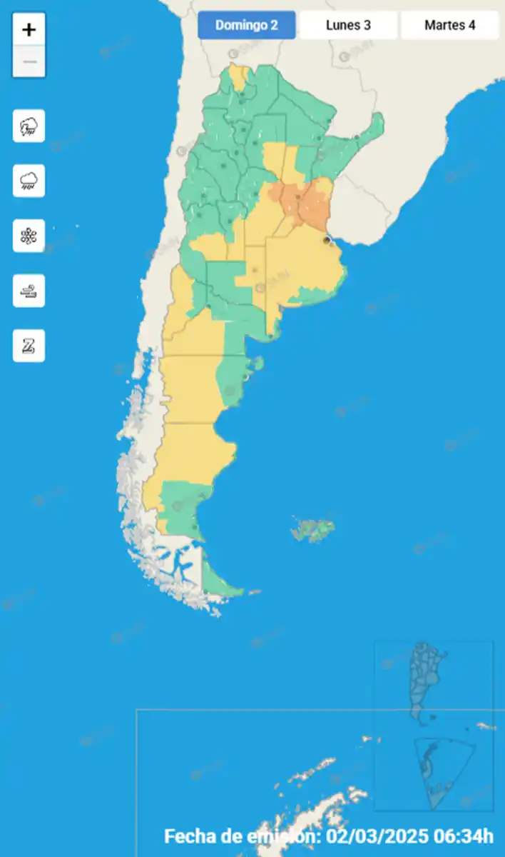 Mapa de alertas por tormentas del Servicio Meteorológico Nacional