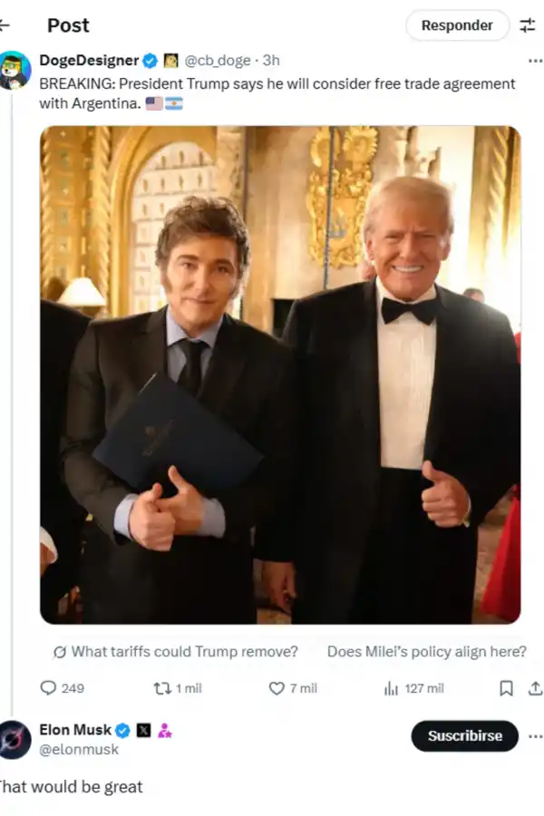 Sería genial: Elon Musk respaldó un tratado de libre comercio entre Argentina y EEUU