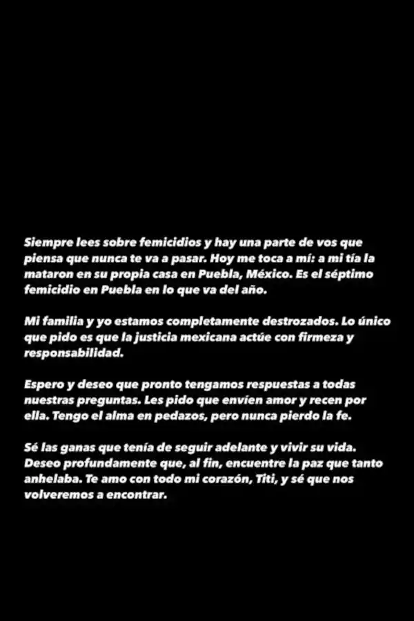 El posteo que hizo Valentina Zenere para denunciar el asesinato de su tía.