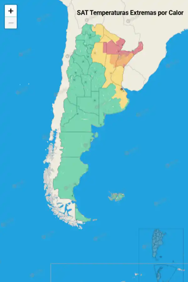 Mapa de alertas por calor extremo del Servicio Meteorológico Nacional