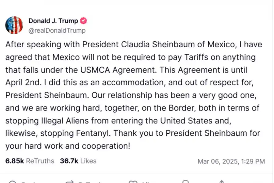 Tregua comercial: EEUU suspendió por un mes los aranceles a los productos mexicanos y canadienses