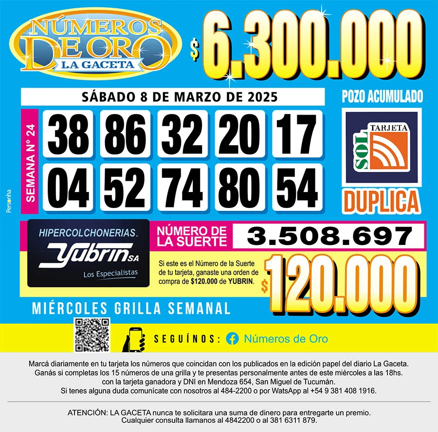Los Números de Oro de LA GACETA del 8 de marzo de 2025