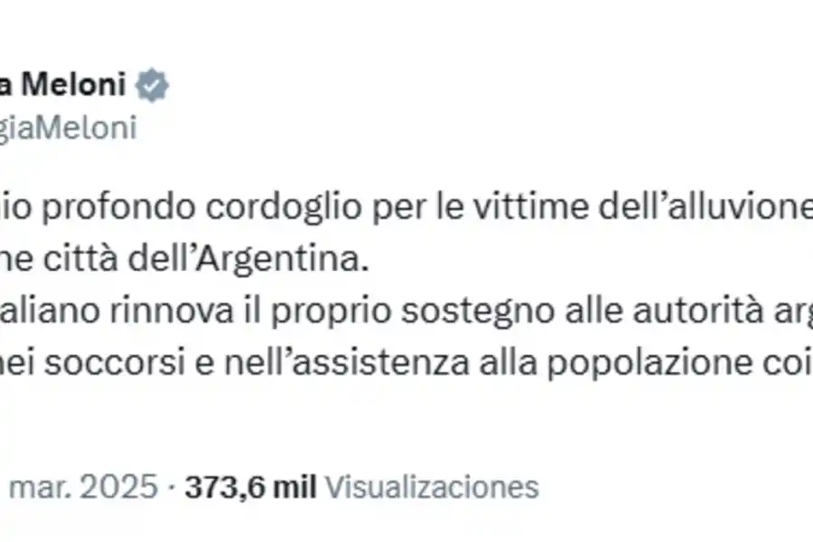 La primera ministra de Italia se solidarizó con las víctimas del temporal en Bahía Blanca
