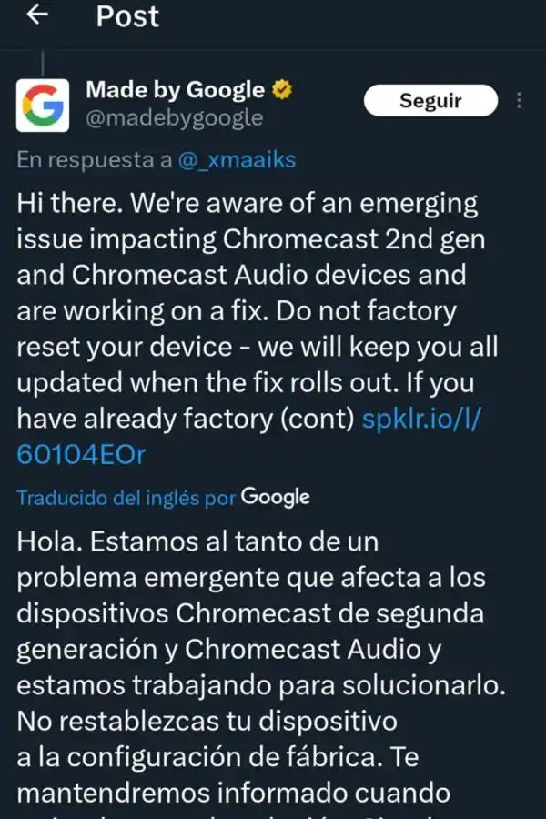 Google confirma el error en Chromecast, pero sin fecha de resolución.