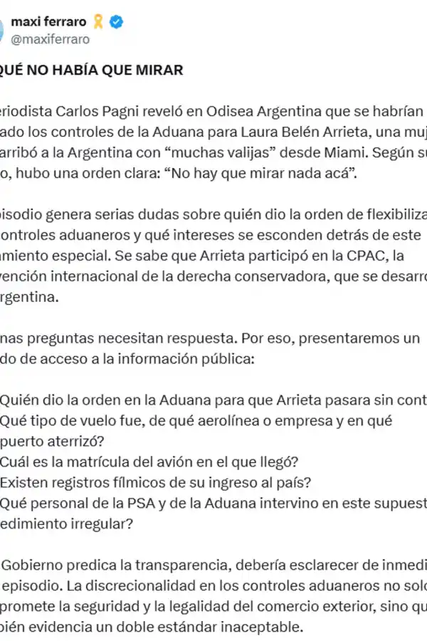 Reclamaron al gobierno de Milei información sobre la mujer que ingresó al país con valijas y evitó la Aduana