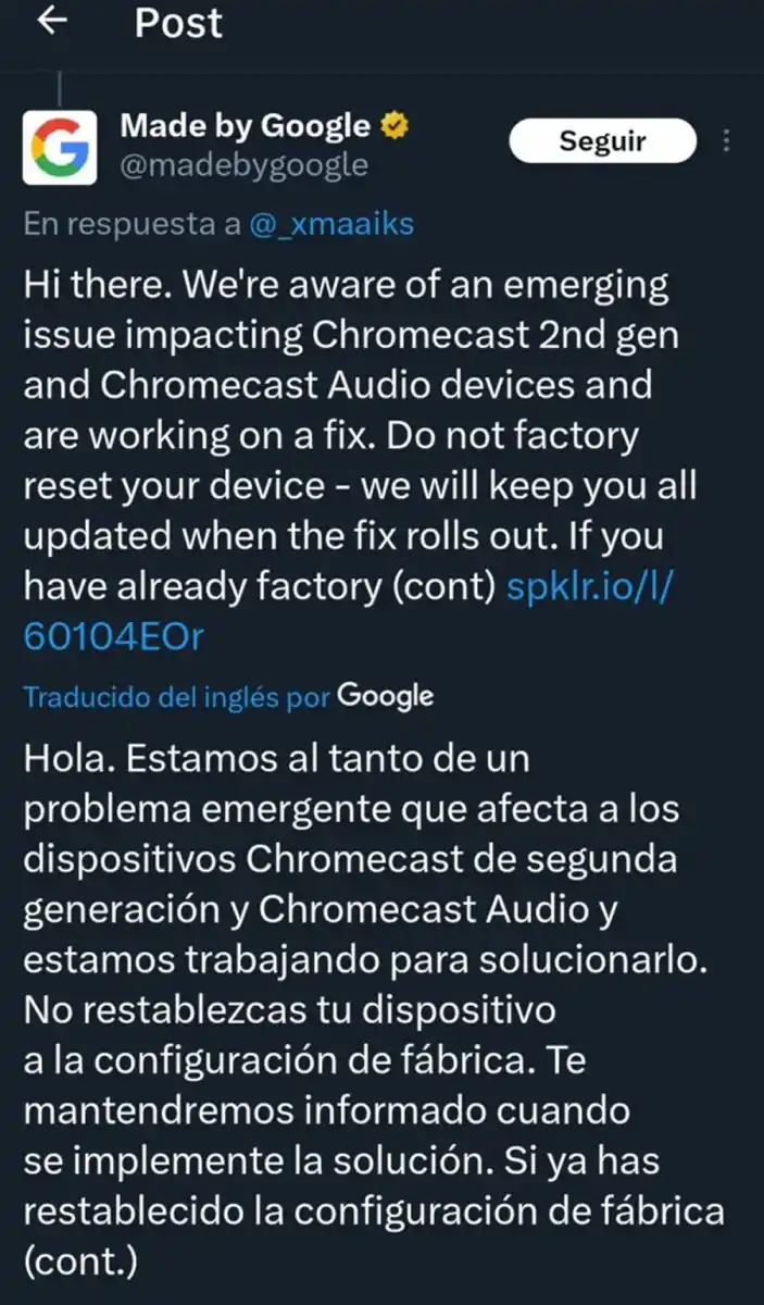 Google confirma el error en Chromecast, pero sin fecha de resolución.