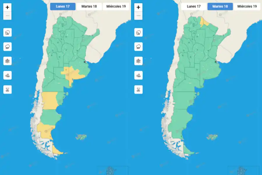 Los mapas del Servicio Meteorológico Nacional para los primeros días de la semana.