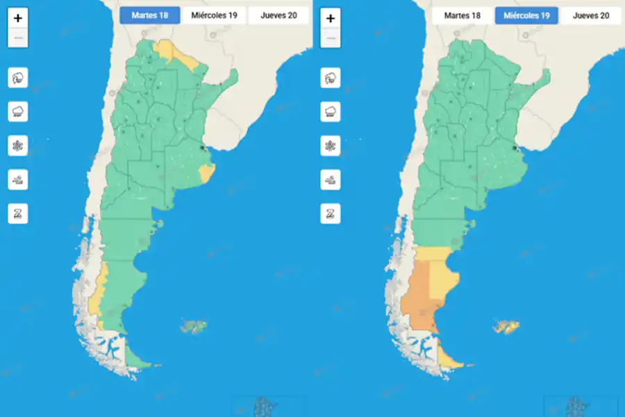 Mapas indicadores de alertas del martes y miércoles del Servicio Meteorológico Nacional.