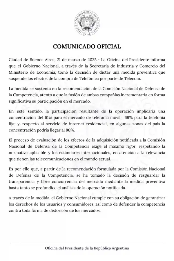 El Gobierno dejó sin efecto la fusión de Telecom con Telefónica