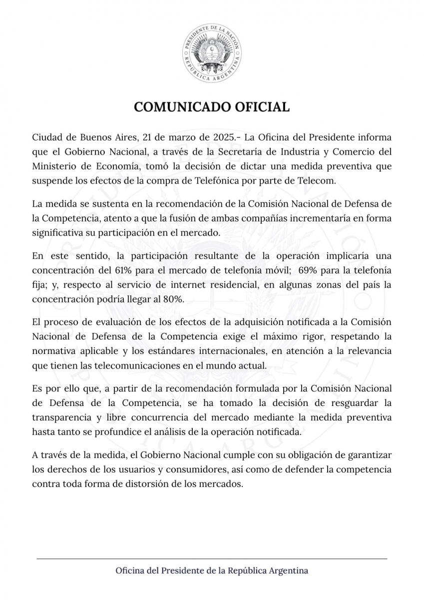 El Gobierno dejó sin efecto la fusión de Telecom con Telefónica