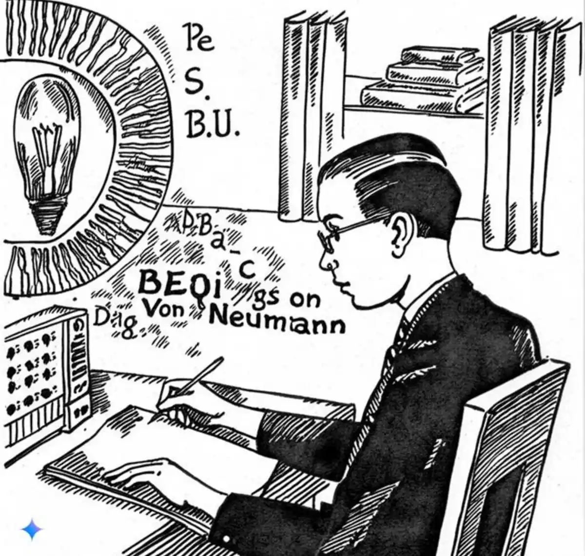 ImageFX: Una viñeta que ilustra al joven János Neumann rodeado de libros y números.