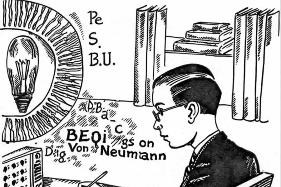 ImageFX: Una viñeta que ilustra al joven János Neumann rodeado de libros y números.