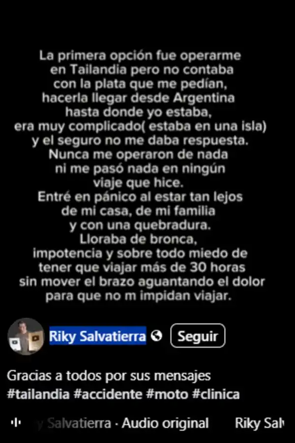 El drama del influencer Riky Salvatierra: viajó a Tailandia, se accidentó y le piden U$S19.000 para operarlo