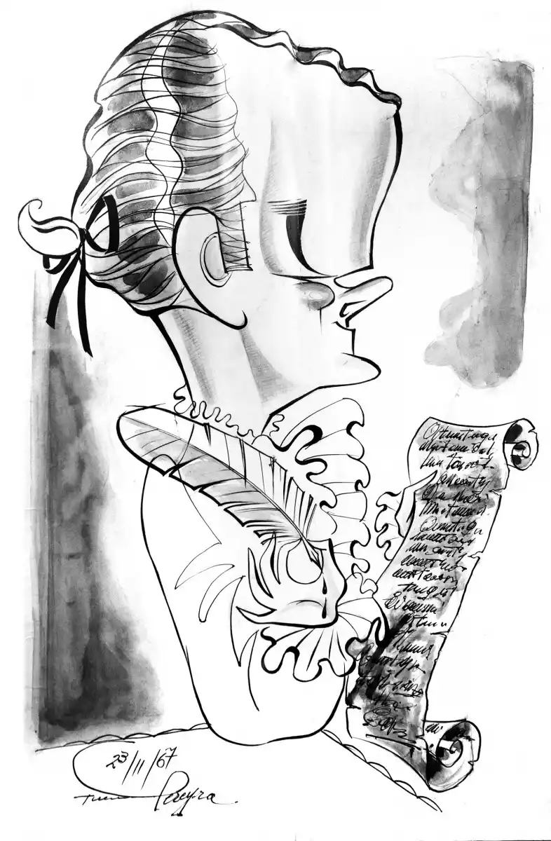 UN DIBUJO DE 1967. Caracterizado como un escriba del siglo XVIII.