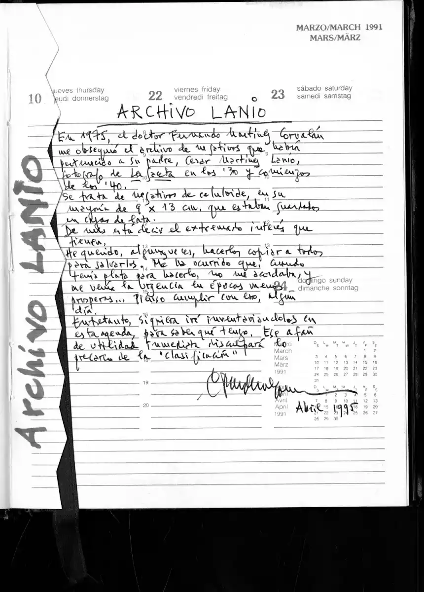 ANOTACIONES. Así registraba sus apuntes, en este caso referidos al fotógrafo de LA GACETA  César Martínez Lanio. 