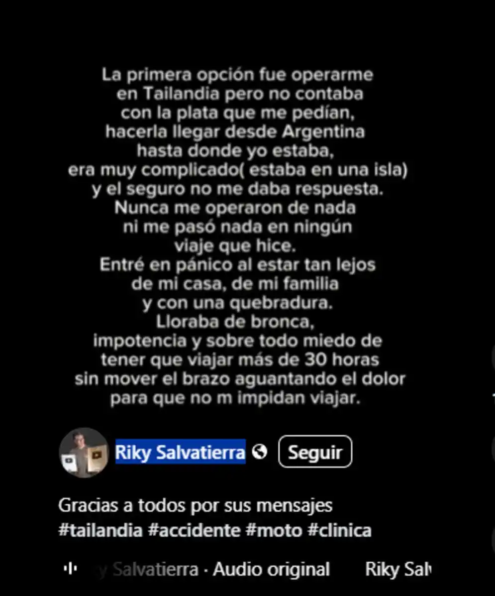 El drama del influencer Riky Salvatierra: viajó a Tailandia, se accidentó y le piden U$S19.000 para operarlo