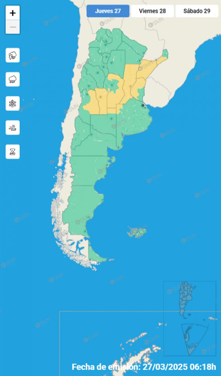 Mapa de alertas del Servicio Meteorológico Nacional