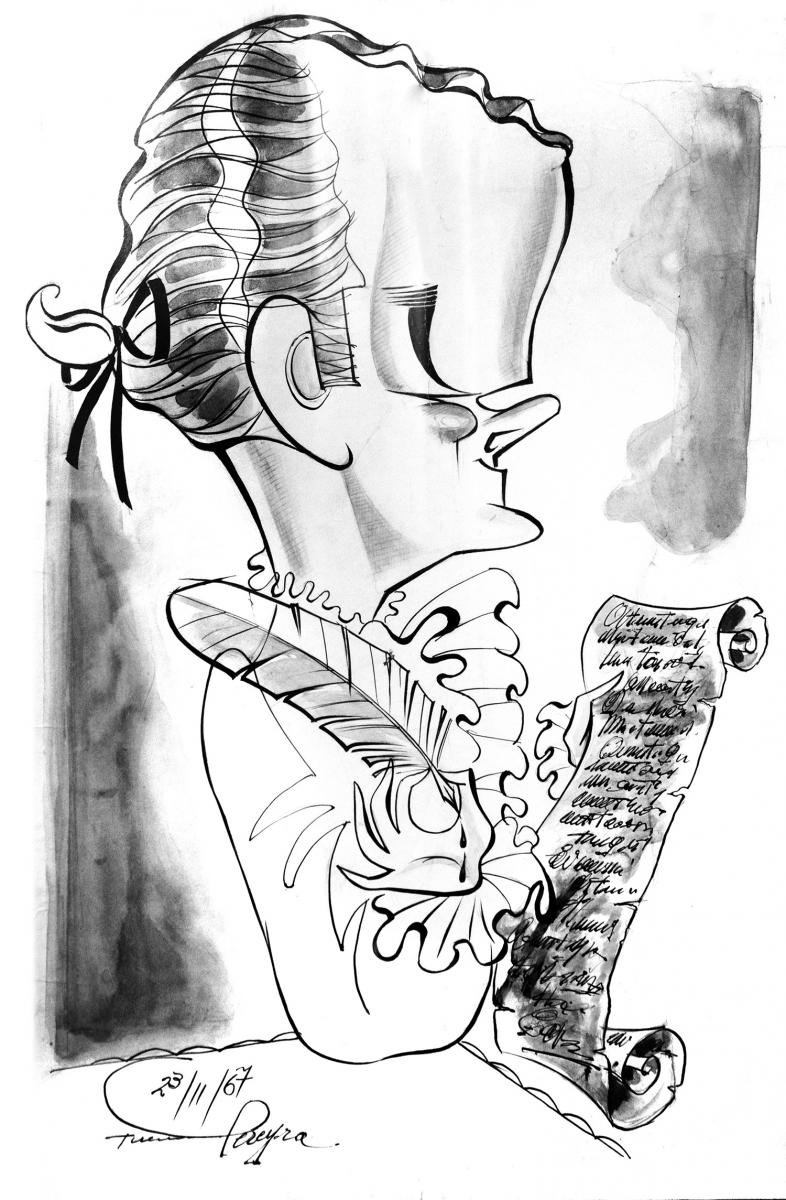 UN DIBUJO DE 1967. Caracterizado como un escriba del siglo XVIII.