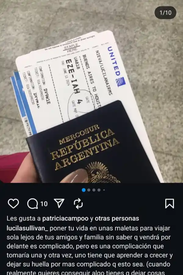 CONMOVEDOR. El posteo que hizo la joven antes de viajar a Estados Unidos.