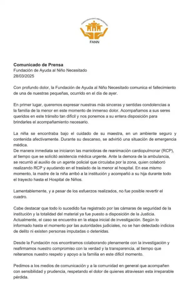 Dolor en la Fundación FANN por la muerte de una beba de ocho meses