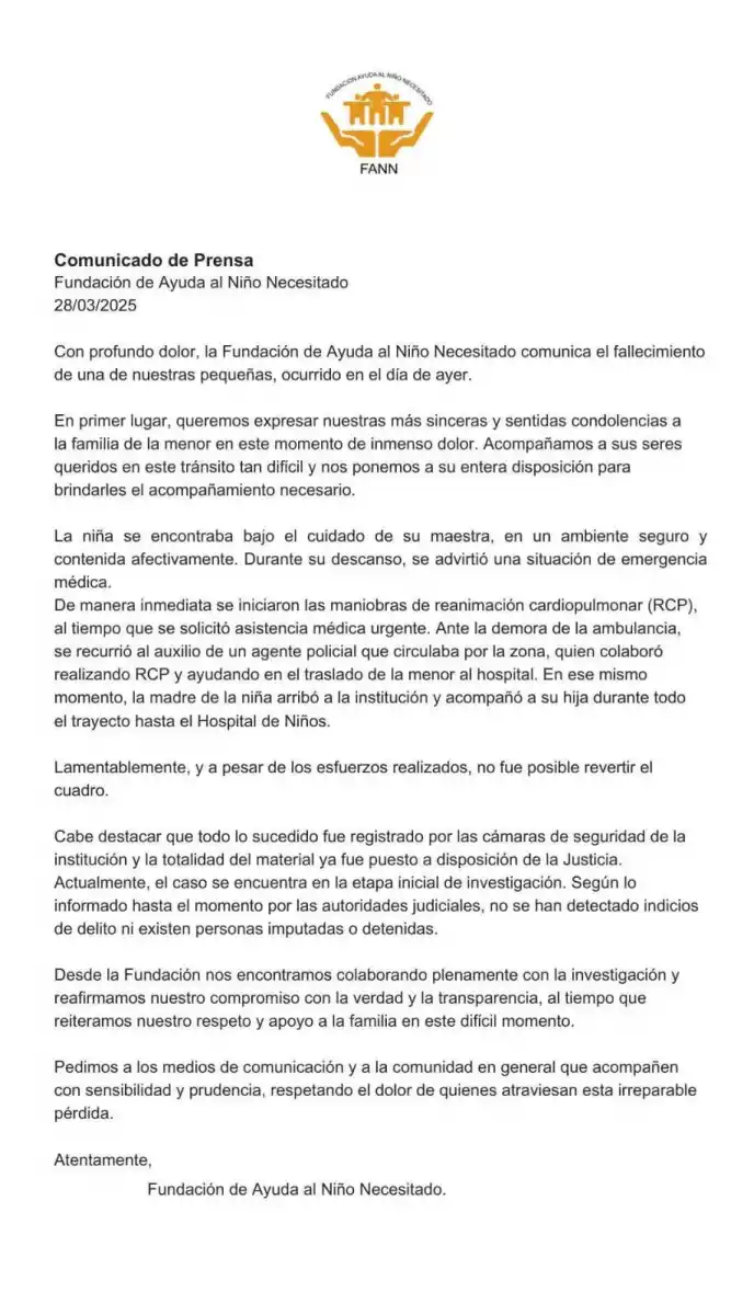 Dolor en la Fundación FANN por la muerte de una beba de ocho meses