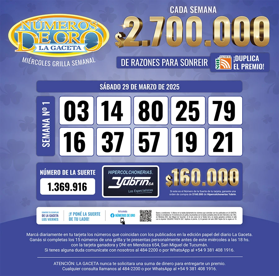 Los Números de Oro de LA GACETA del 29 de marzo de 2025