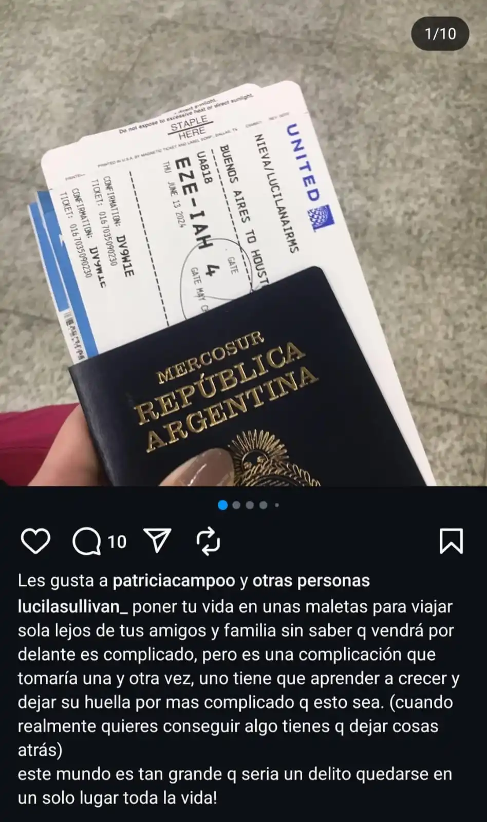 CONMOVEDOR. El posteo que hizo la joven antes de viajar a Estados Unidos.