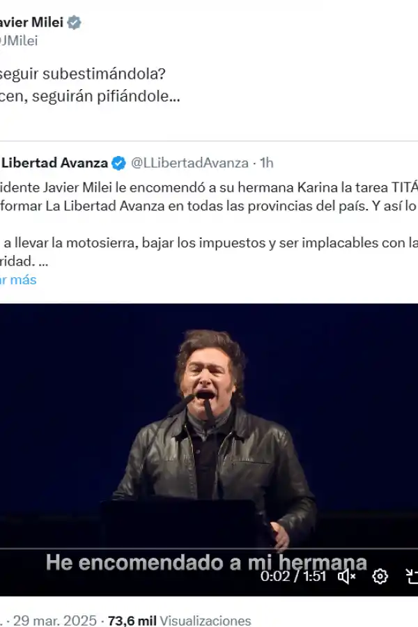 Milei respaldó a su hermana Karina por el armado de LLA, tras las críticas de Macri