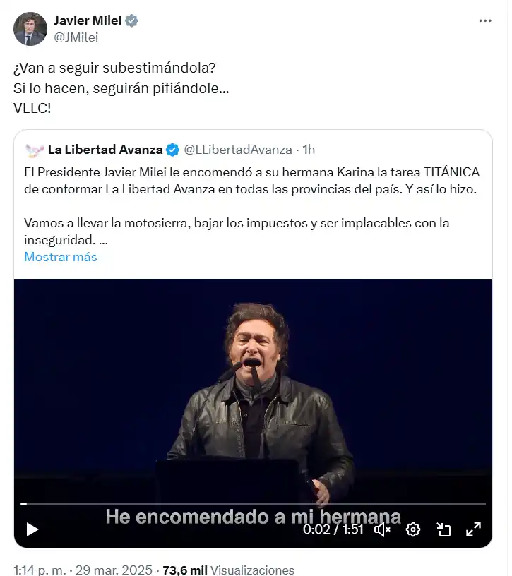 Milei respaldó a su hermana Karina por el armado de LLA, tras las críticas de Macri