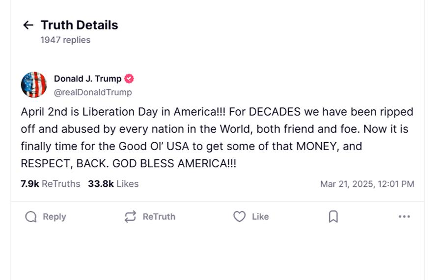 ARANCELES JUSTOS. Trump se refiere como con nostalgia a la época del siglo XIX en que Estados Unidos tenía aranceles altos y la presenta como la más próspera para el país. / CAPTURA DE PANTALLA