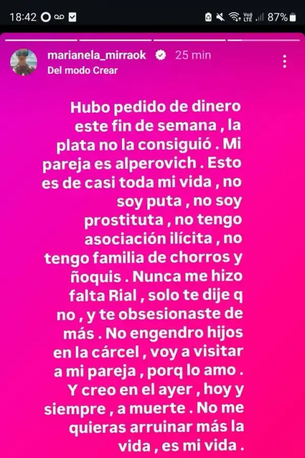 POSTEO. La ex ganadora de Gran Hermano habló por sus redes.