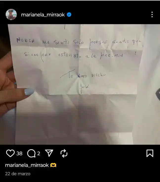 CARTA DE AMOR. Una de las notas que publicó Mirra en Instagram, supuestamente firmada por Alperovich.