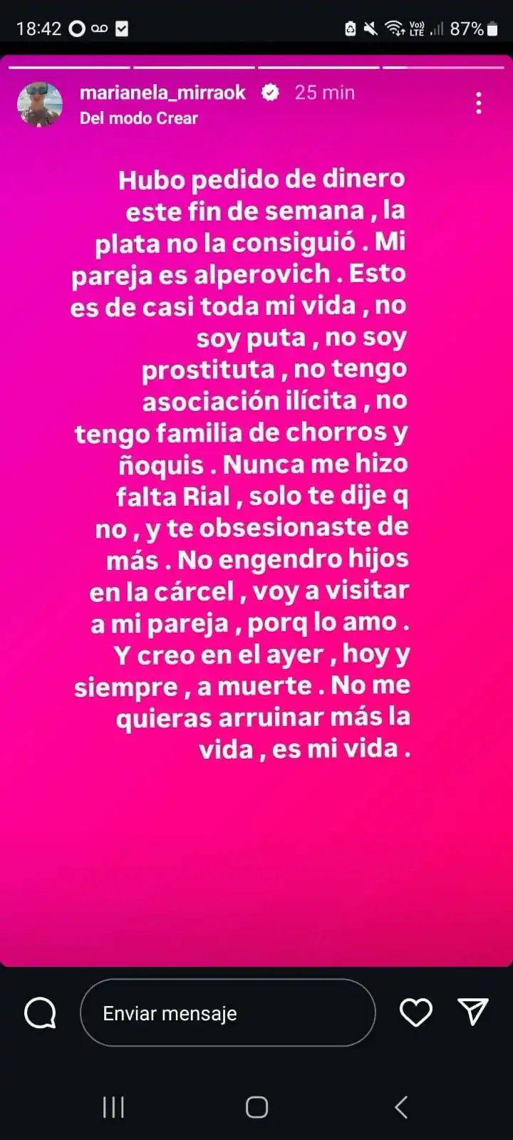 POSTEO. La ex ganadora de Gran Hermano habló por sus redes.