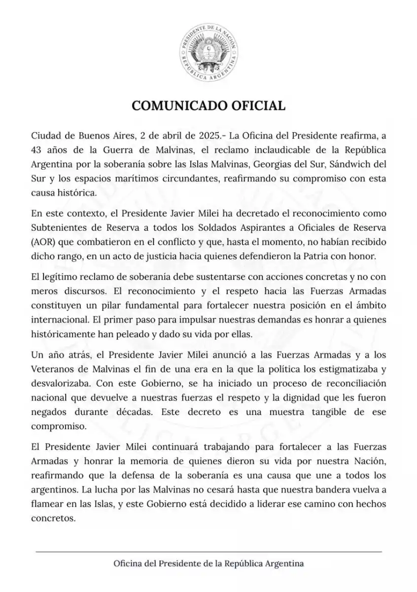 El Gobierno oficializó un ascenso para soldados que fueron reservistas en Malvinas