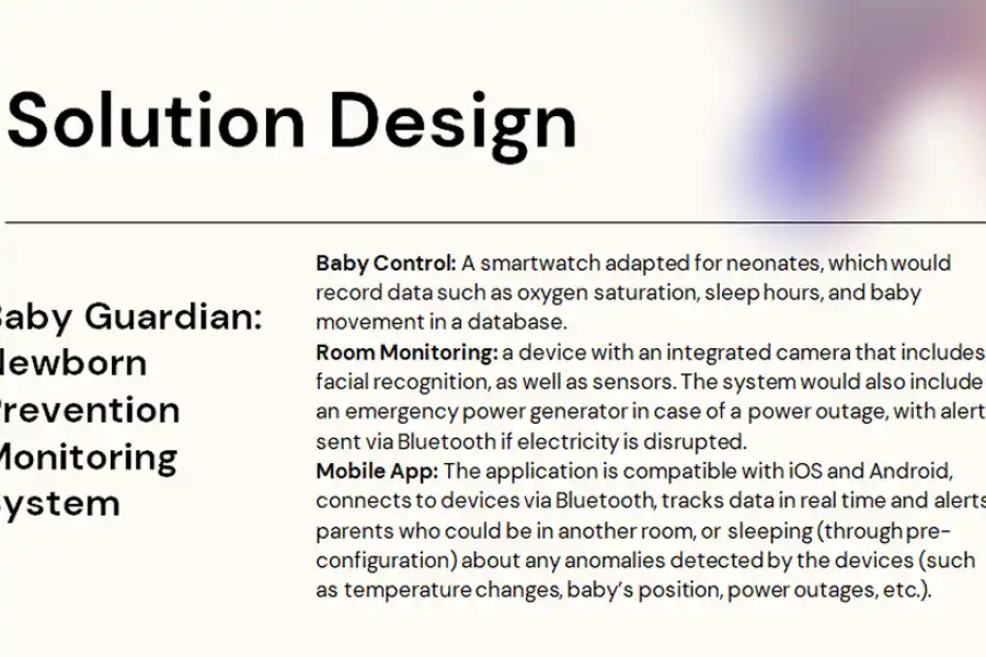 DISEÑO DE SOLUCIÓN. De un smartwatch para neonatos, una cámara con reconocimiento facial, generador de energía y una aplicación con alertas para padres. / CAPTURA DE PANTALLA