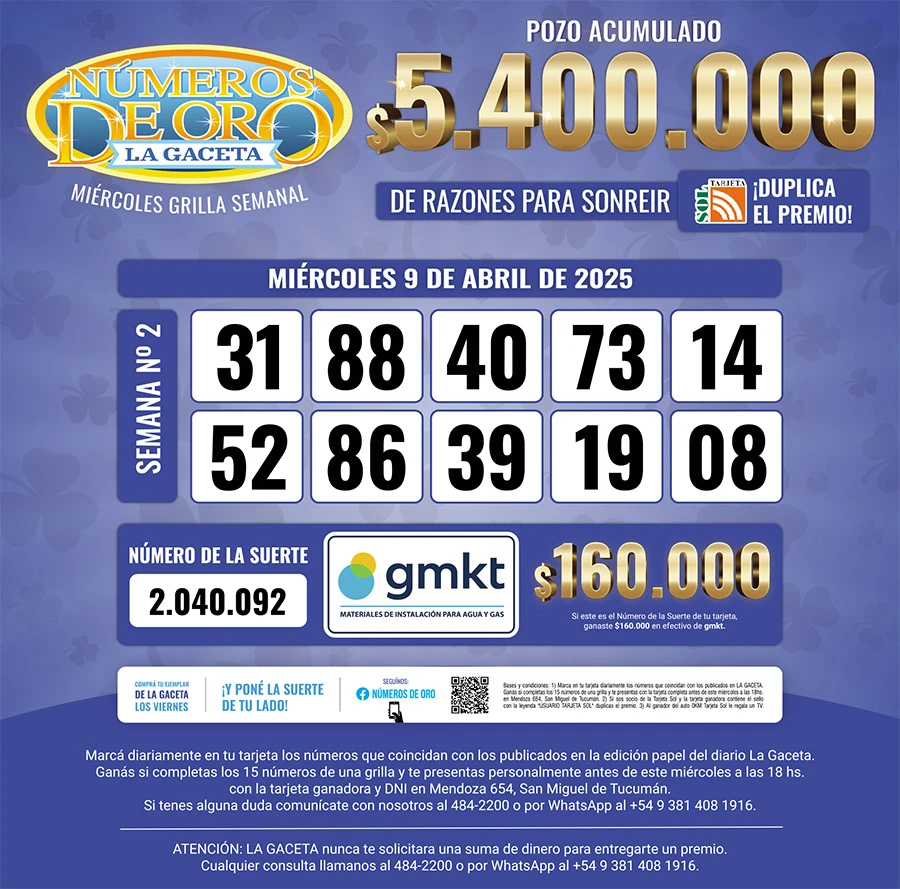 Los Números de Oro de LA GACETA del 9 de abril de 2025