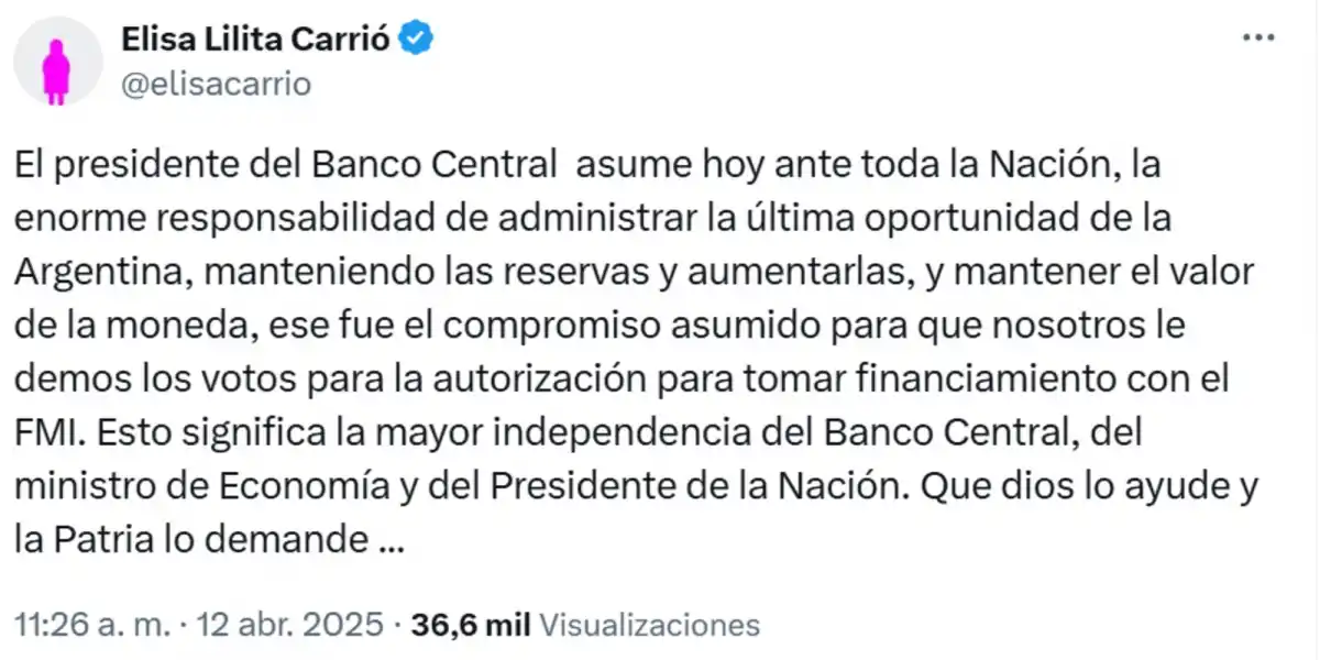 El mensaje de Carrió tras los anuncios económicos: La última oportunidad de la Argentina