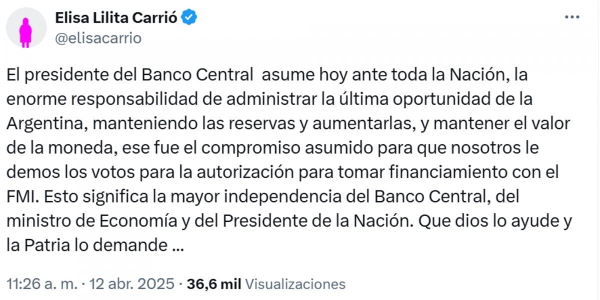El mensaje de Carrió tras los anuncios económicos: La última oportunidad de la Argentina